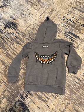 Hurley Kids Gray Hoodie with Graphic Shark Smile and Orange Accents